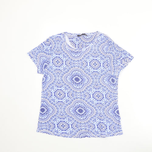 Marks and Spencer Womens Blue Geometric Cotton Basic T-Shirt Size 16 Round Neck