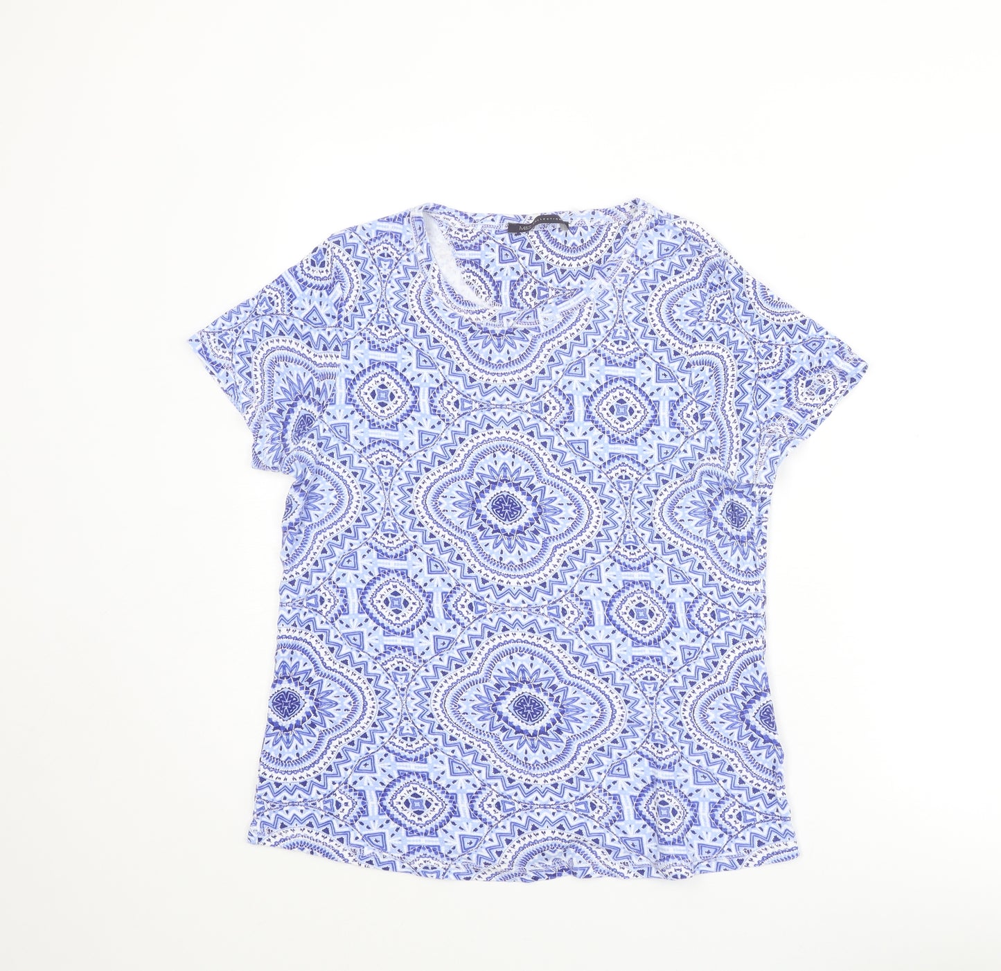 Marks and Spencer Womens Blue Geometric Cotton Basic T-Shirt Size 16 Round Neck