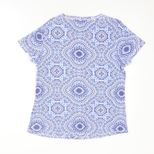 Marks and Spencer Womens Blue Geometric Cotton Basic T-Shirt Size 16 Round Neck