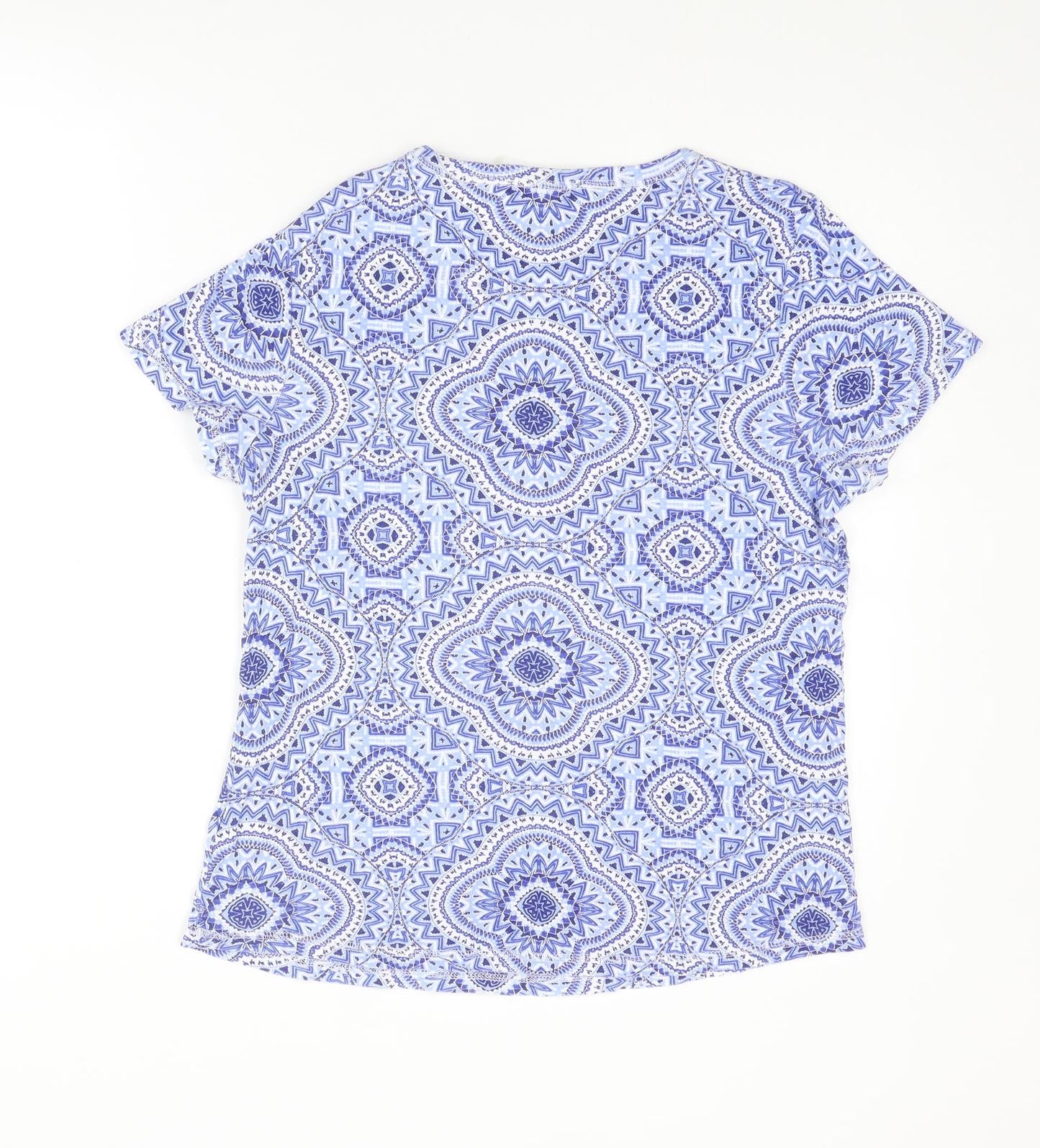Marks and Spencer Womens Blue Geometric Cotton Basic T-Shirt Size 16 Round Neck