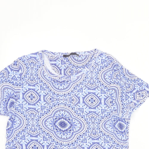 Marks and Spencer Womens Blue Geometric Cotton Basic T-Shirt Size 16 Round Neck