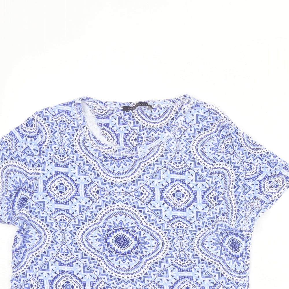Marks and Spencer Womens Blue Geometric Cotton Basic T-Shirt Size 16 Round Neck
