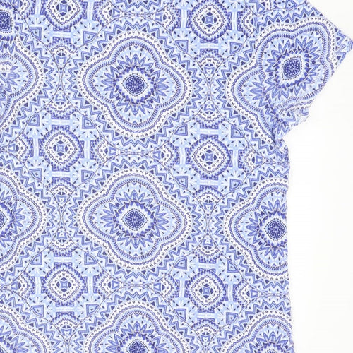 Marks and Spencer Womens Blue Geometric Cotton Basic T-Shirt Size 16 Round Neck