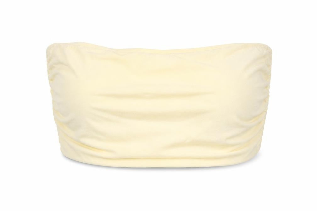 Front view of PRETTYLITTLETHING women’s ivory polyester cropped tank, size UK 12, off the shoulder