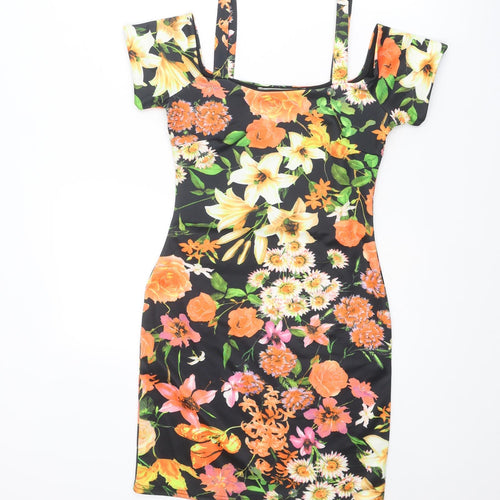 Parisian Collection Womens Multicoloured Floral Polyester Shift Size 8 Square Neck Pullover - Cold Shoulders