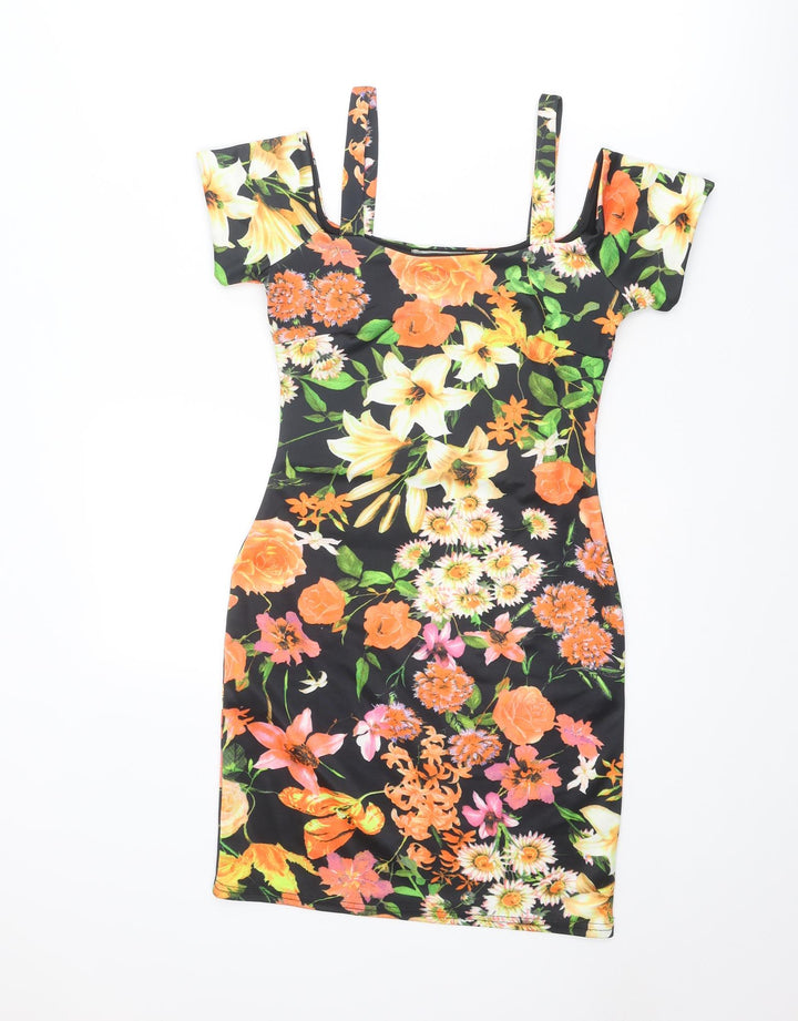 Parisian Collection Womens Multicoloured Floral Polyester Shift Size 8 Square Neck Pullover - Cold Shoulders
