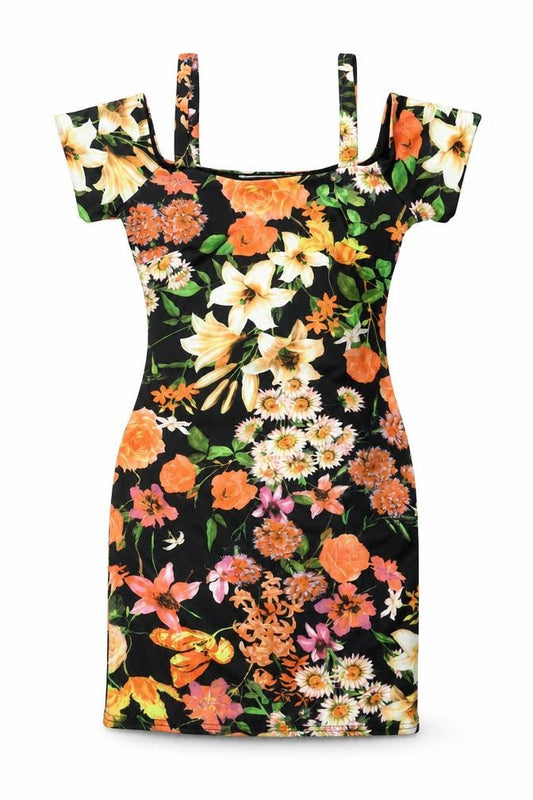 Front view of Parisian Collection women’s multicoloured floral polyester shift, square neck pullover - cold shoulders