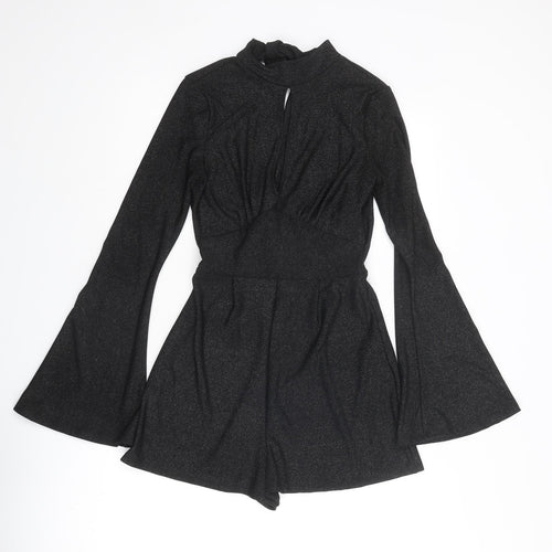 Bershka Womens Black Polyester Playsuit One-Piece Size S Tie - Flared Sleeve