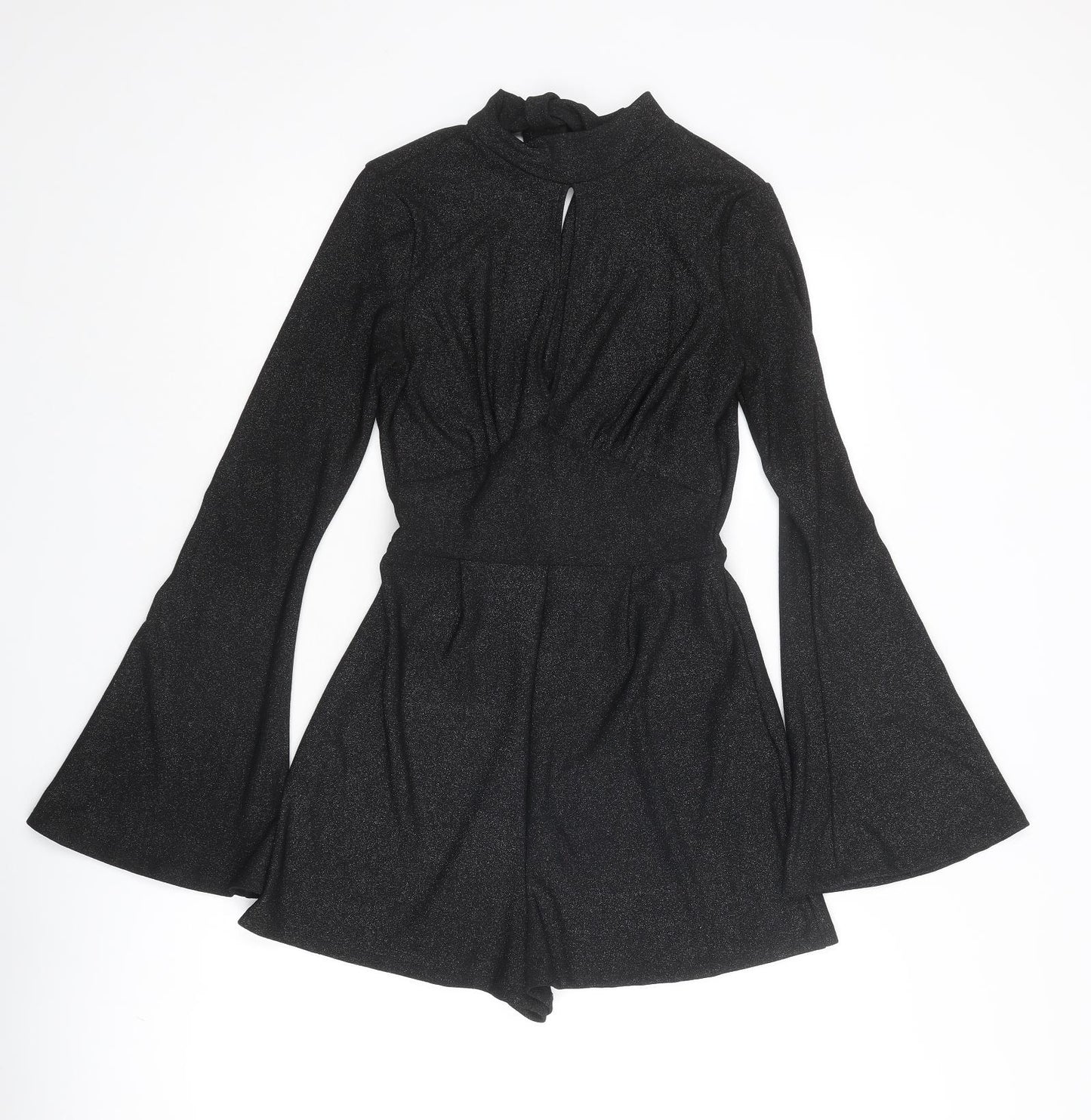 Bershka Womens Black Polyester Playsuit One-Piece Size S Tie - Flared Sleeve