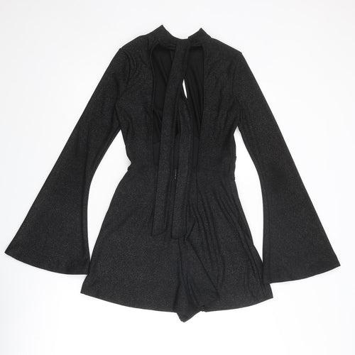 Bershka Womens Black Polyester Playsuit One-Piece Size S Tie - Flared Sleeve