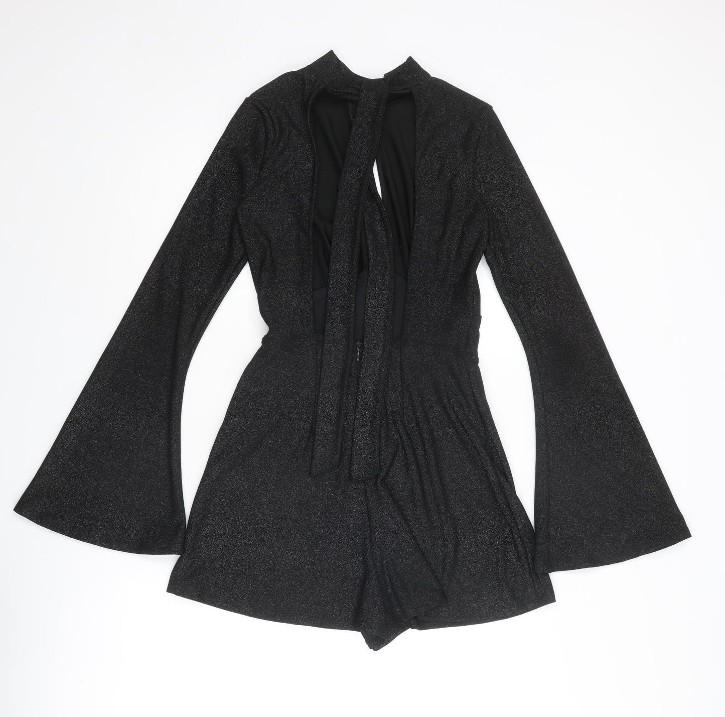 Bershka Womens Black Polyester Playsuit One-Piece Size S Tie - Flared Sleeve