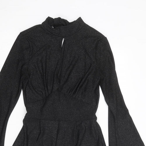 Bershka Womens Black Polyester Playsuit One-Piece Size S Tie - Flared Sleeve