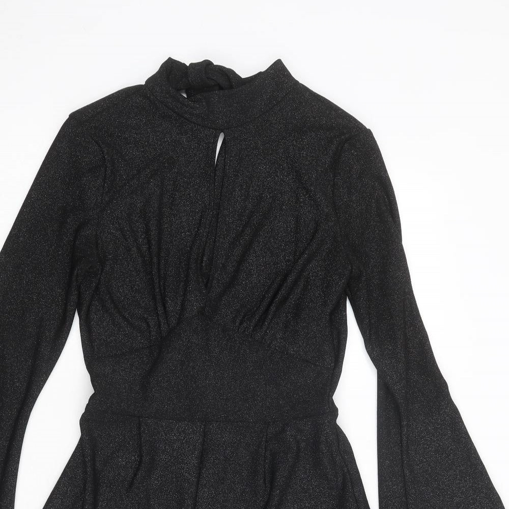 Bershka Womens Black Polyester Playsuit One-Piece Size S Tie - Flared Sleeve