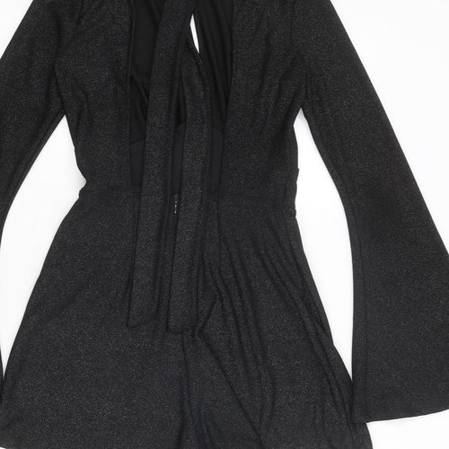 Bershka Womens Black Polyester Playsuit One-Piece Size S Tie - Flared Sleeve