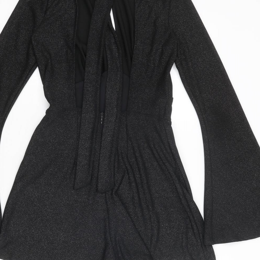 Bershka Womens Black Polyester Playsuit One-Piece Size S Tie - Flared Sleeve