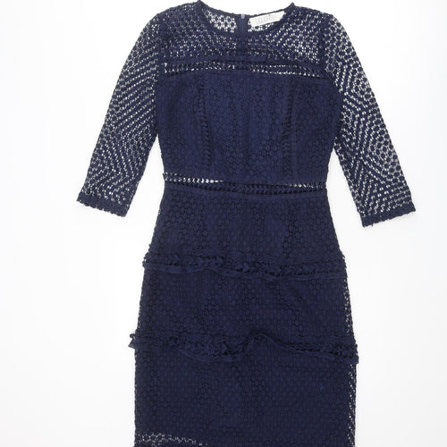 Liquorish Womens Blue Polyester Shift Size 8 Round Neck Zip