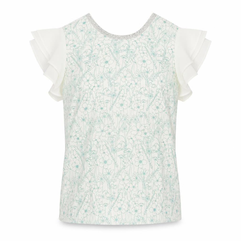 Front view of Next women’s white floral polyester basic t-shirt, size UK 12, round neck