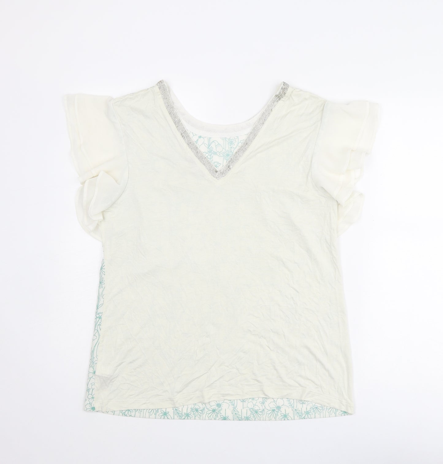 NEXT Womens White Floral Polyester Basic T-Shirt Size 12 Round Neck