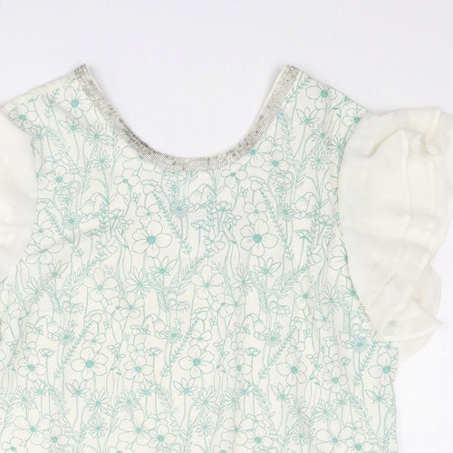 NEXT Womens White Floral Polyester Basic T-Shirt Size 12 Round Neck