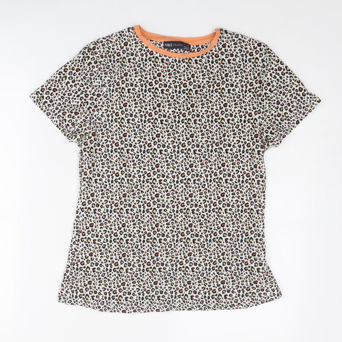 Marks and Spencer Womens Multicoloured Animal Print Viscose Basic T-Shirt Size 12 Round Neck - Leopard Print