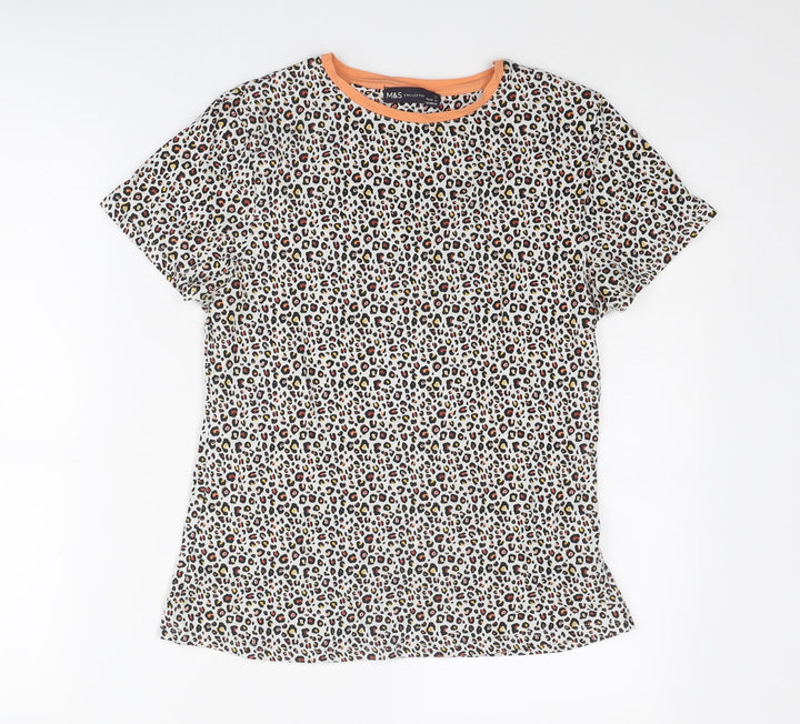 Marks and Spencer Womens Multicoloured Animal Print Viscose Basic T-Shirt Size 12 Round Neck - Leopard Print