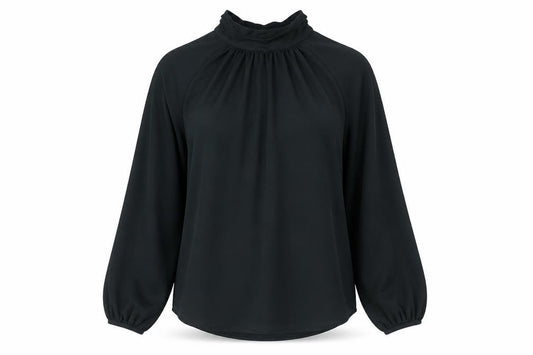 Front view of Mint Velvet women’s black polyester basic blouse, size UK 12, round neck