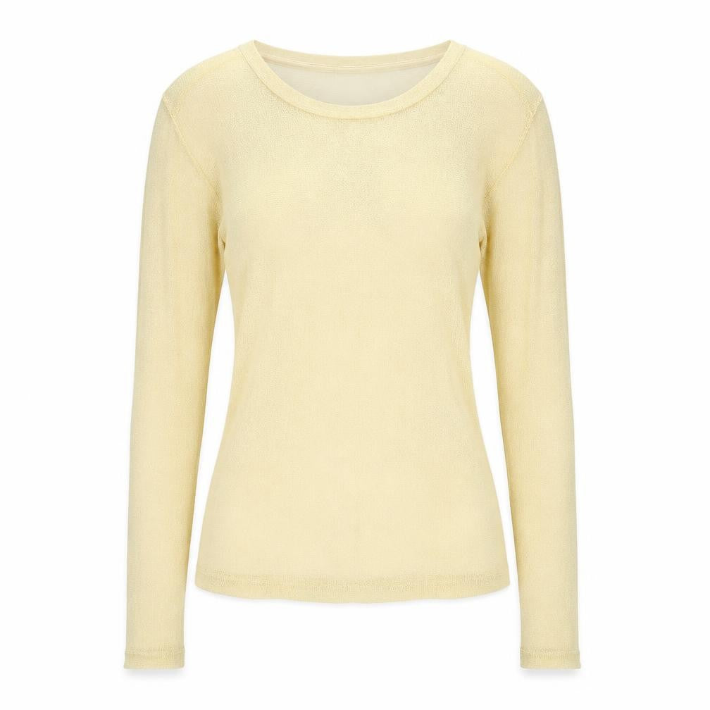 Front view of River Island women’s gold polyester basic t-shirt, size UK 10, round neck