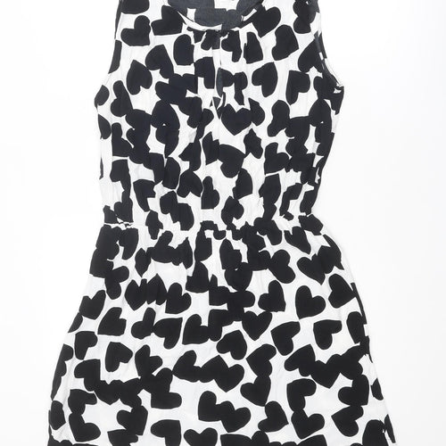 Mango Womens Black Geometric Viscose A-Line Size L Round Neck Hook & Eye - Heart pattern