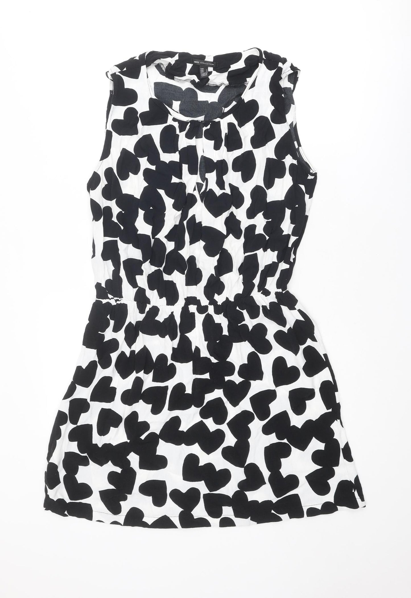 Mango Womens Black Geometric Viscose A-Line Size L Round Neck Hook & Eye - Heart pattern