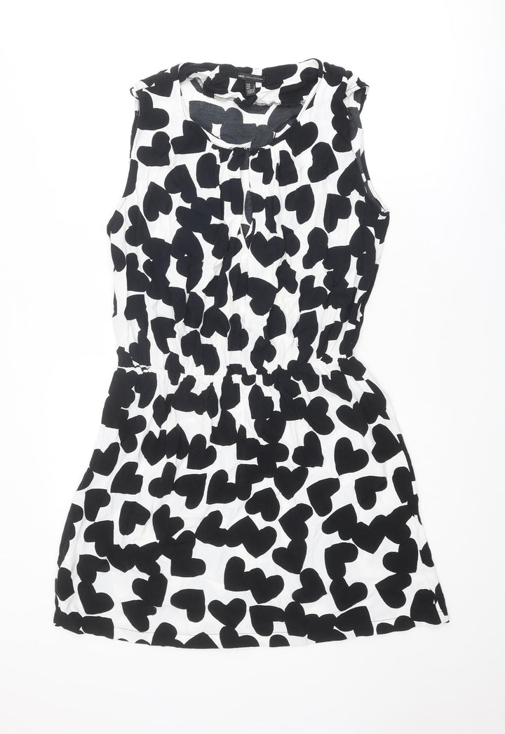 Mango Womens Black Geometric Viscose A-Line Size L Round Neck Hook & Eye - Heart pattern