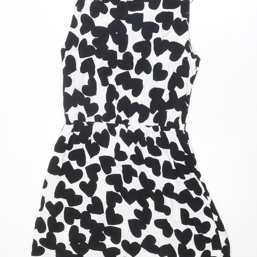 Mango Womens Black Geometric Viscose A-Line Size L Round Neck Hook & Eye - Heart pattern