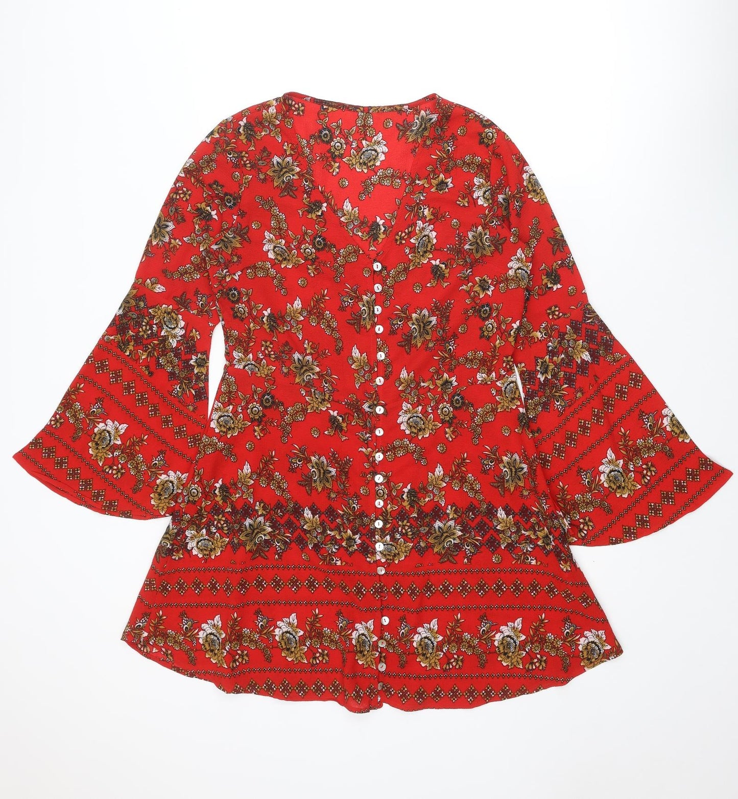 Boohoo Womens Red Floral Polyester Kaftan Size 16 V-Neck Button