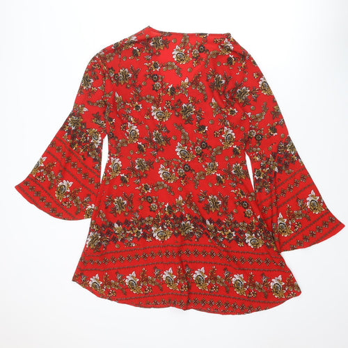 Boohoo Womens Red Floral Polyester Kaftan Size 16 V-Neck Button