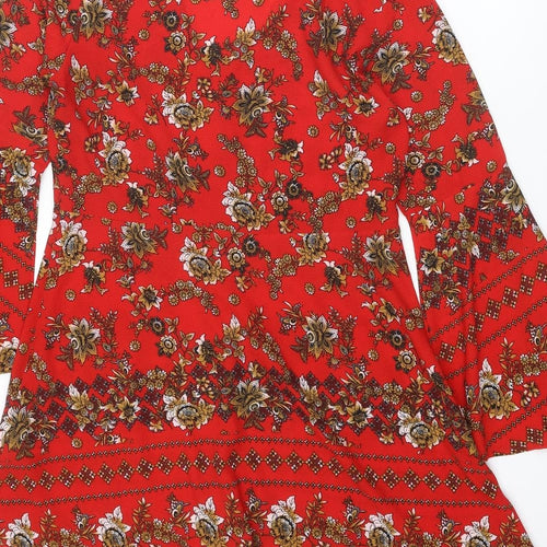 Boohoo Womens Red Floral Polyester Kaftan Size 16 V-Neck Button
