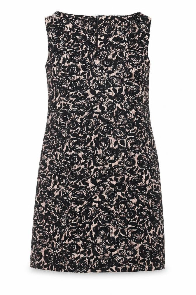 Front view of Epilogue women’s black floral polyester shift, size UK 14, v-neck zip