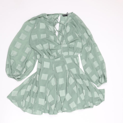 ASOS Womens Green Check Polyester Fit & Flare Size 4 V-Neck Zip