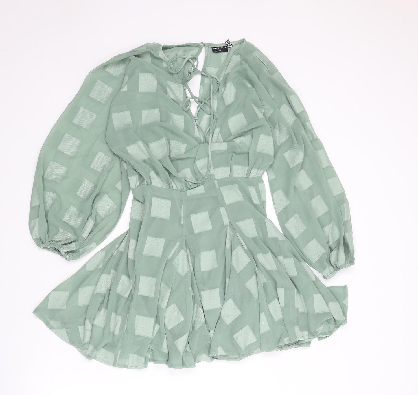 ASOS Womens Green Check Polyester Fit & Flare Size 4 V-Neck Zip