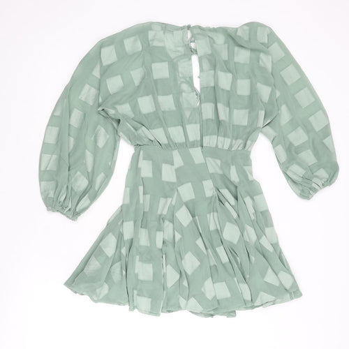 ASOS Womens Green Check Polyester Fit & Flare Size 4 V-Neck Zip