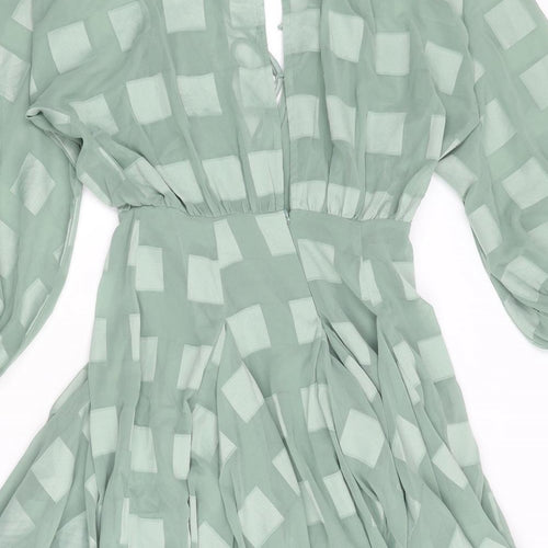 ASOS Womens Green Check Polyester Fit & Flare Size 4 V-Neck Zip