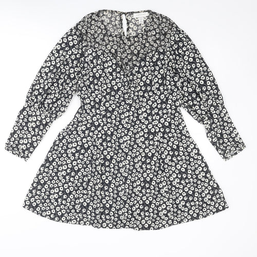 Topshop Womens Black Floral Polyester A-Line Size 10 Round Neck Zip