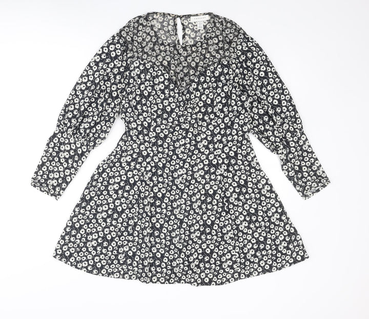 Topshop Womens Black Floral Polyester A-Line Size 10 Round Neck Zip