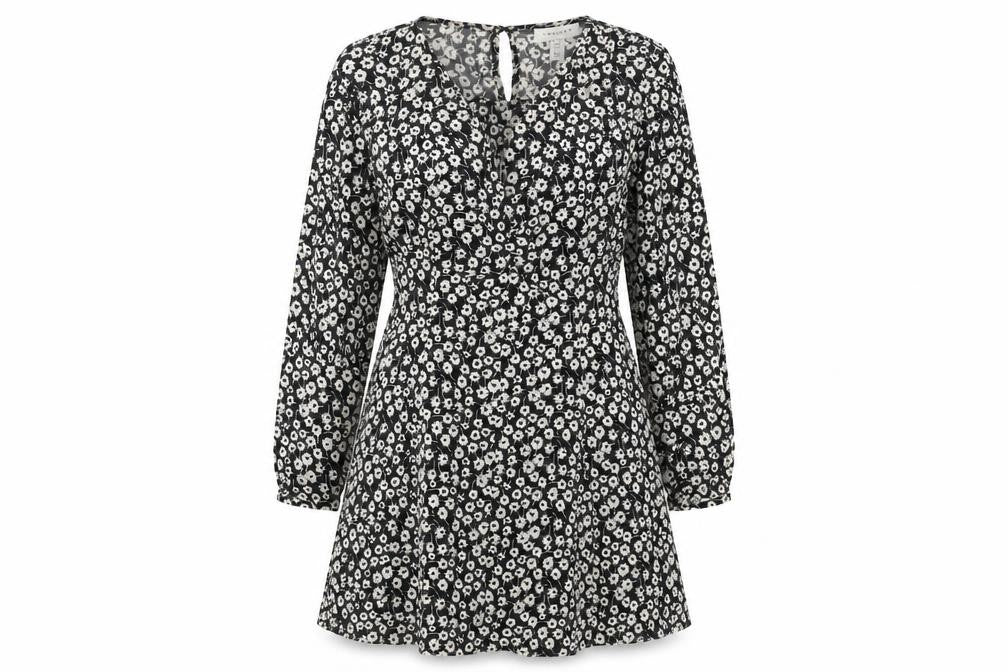 Topshop Womens Black Floral Polyester A-Line Size 10 Round Neck Zip
