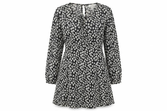 Front view of Topshop women’s black floral polyester a-line, size UK 10, round neck zip