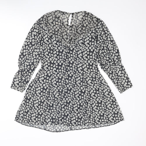 Topshop Womens Black Floral Polyester A-Line Size 10 Round Neck Zip