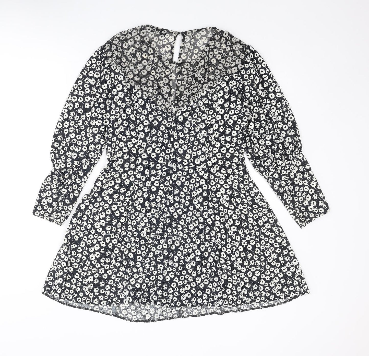 Topshop Womens Black Floral Polyester A-Line Size 10 Round Neck Zip