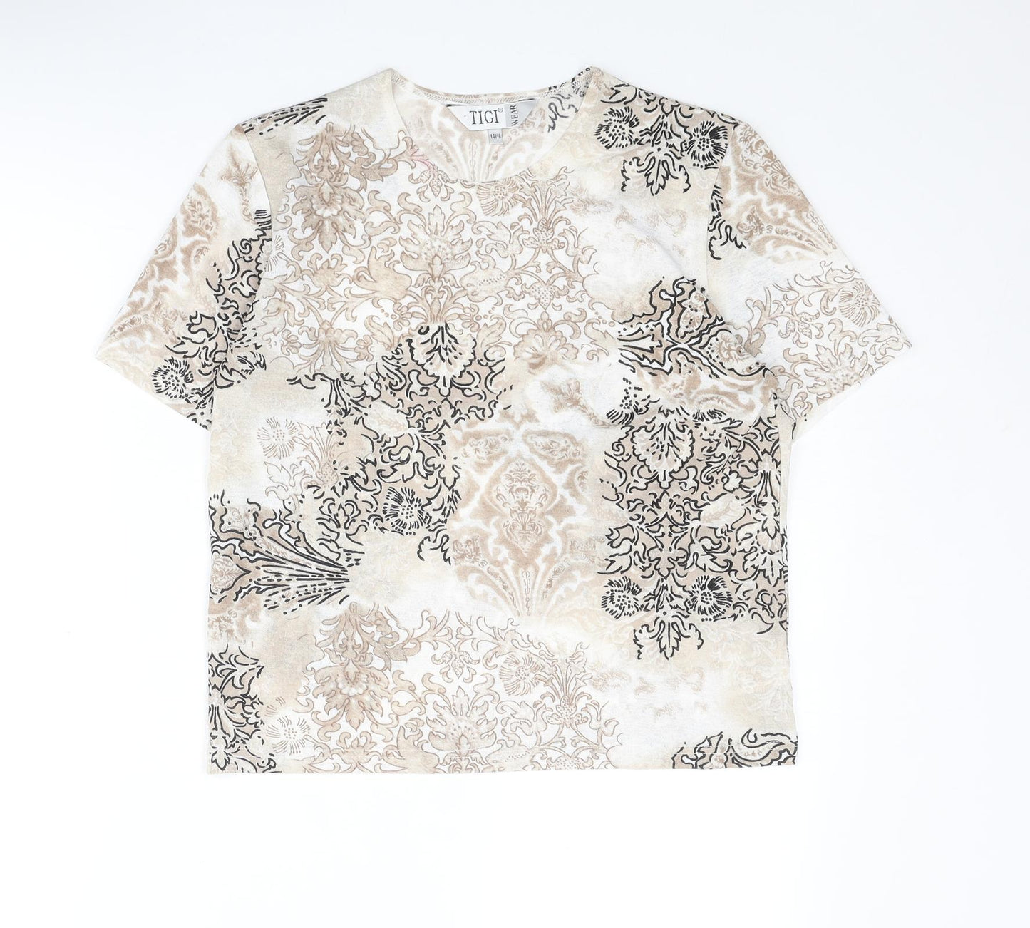 TIGI Womens Beige Geometric Polyester Basic T-Shirt Size 14 Round Neck - Size 14-16