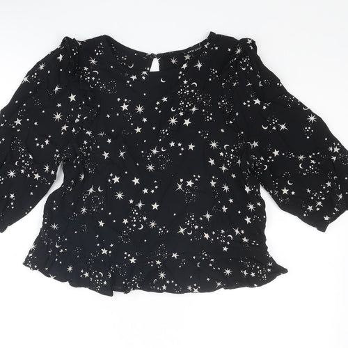 New Look Womens Black Geometric Viscose Basic Blouse Size 10 Round Neck - Star Pattern
