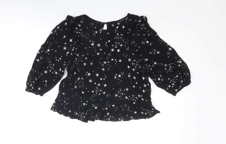 New Look Womens Black Geometric Viscose Basic Blouse Size 10 Round Neck - Star Pattern