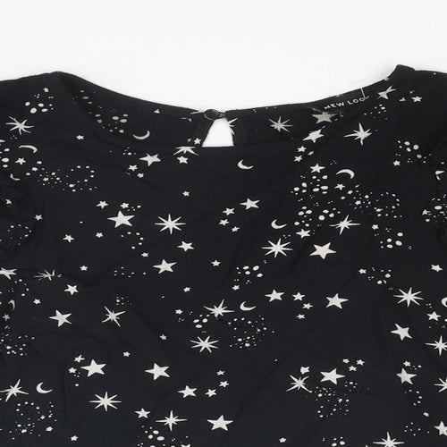 New Look Womens Black Geometric Viscose Basic Blouse Size 10 Round Neck - Star Pattern