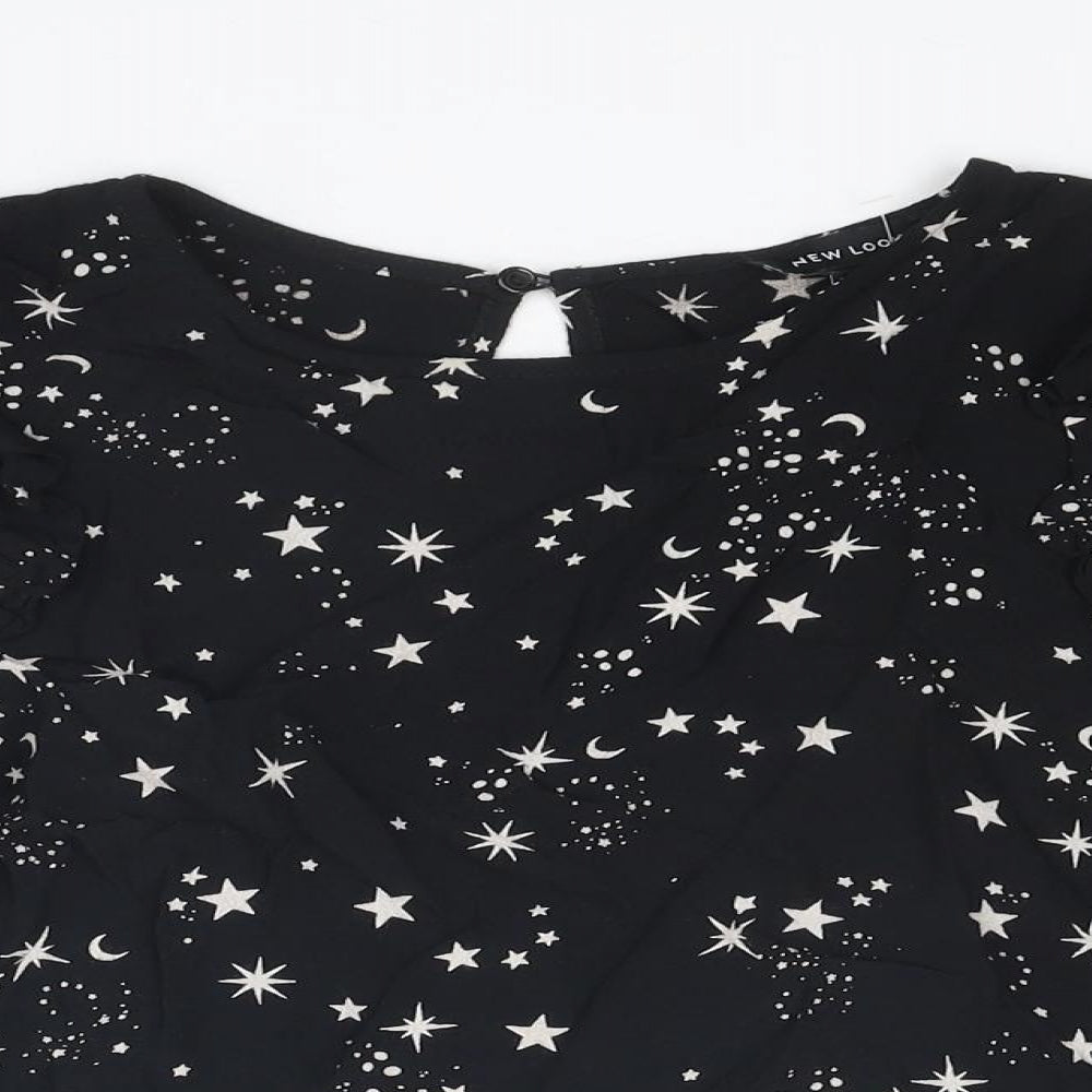 New Look Womens Black Geometric Viscose Basic Blouse Size 10 Round Neck - Star Pattern